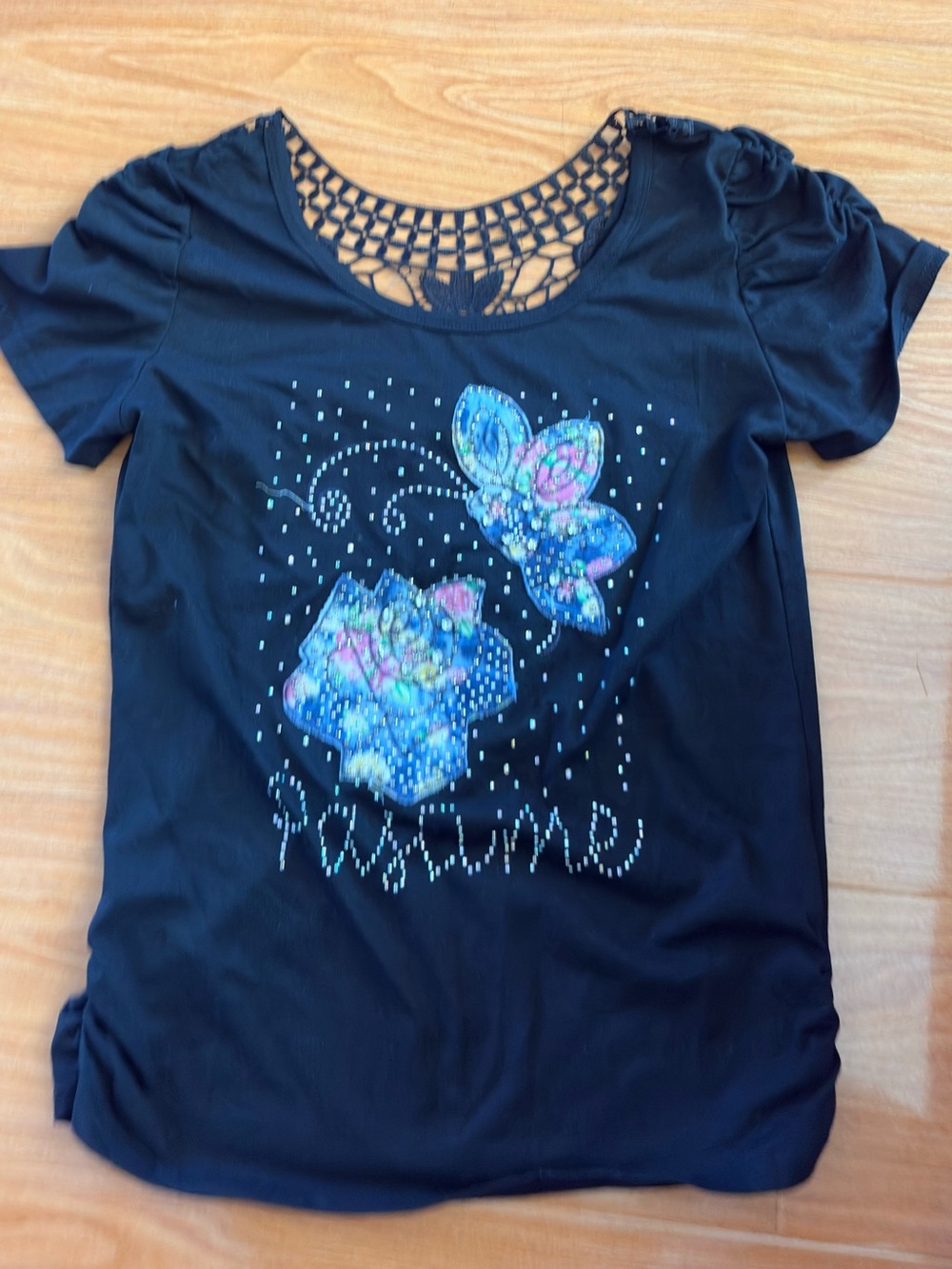 Never Use Black Crochet Lace Neck Top w/Rhinestone Butterfly Floral Graphic -M